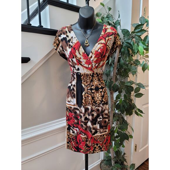 Cristinalove Dress Womens Large Brown Red Floral Print V Neck Short Sleeve - Picture 2 of 12